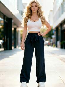 Pantalones Para Mujer Verano Color Sólido Cintura Media de la Correa Moda Casual Súper Cómodo - Azul Marino - Ver 5