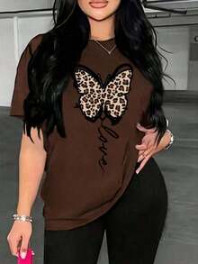 Nueva camiseta casual de mujer con cuello redondo y estampado de leopardo - Marrón Chocolate - Ver 6