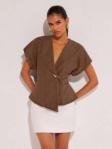 Denim Blusa de mezclilla de manga de murciélago con un solo botón de moda para mujer, de verano - Marrón - Ver 4