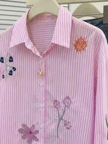 Everyssa Camisa de manga larga con botones, de corte holgado, con estampado floral y de rayas bordado, para uso casual, vacaciones y trayectos, primavera/otoño - Rosa - Ver 4
