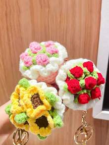 1个迷你钩针玫瑰花束钥匙扣，手工编织花朵钥匙圈，情人节、毕业典礼、婚礼、送给闺蜜、女友、周年纪念日的理想礼物 - 彩色 - 查看 5