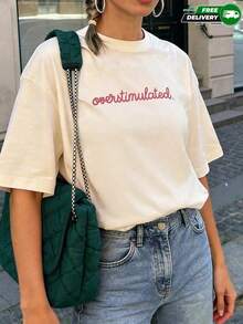 Camiseta de manga corta para mujer con texto estampado, cuello redondo, de poliéster, apta para uso diario, salidas casuales, fin de semana y actividades informales, estilo casual minimalista, ideal para primavera y verano, envío gratis en México. - Albaricoque - Ver 3