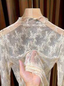 Camiseta interior de cuello alto de encaje, top de manga larga de malla de moda informal - Albaricoque - Ver 3