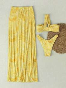 Conjunto de traje de baño de 3 piezas para mujer, con camiseta sin mangas de estilo casual y elegante con estampado de lunares en blanco y negro, bikini con tanga y volantes con lazo y abertura alta, esencial para la playa, vacaciones y fiestas - Amarillo - Ver 3