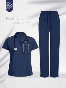 Conjunto de uniforme azul marino para mujer, hecho de tela de alta calidad y transpirable, adecuado para deportes, enfermería y trabajo, con bolsillos, perneras acampanadas, conjunto de uniforme de moda, adecuado para clínicas dentales, conjunto de unifor - Azul marino - Ver 3