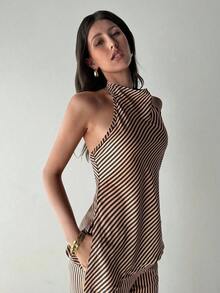 Conjunto de top halter y pantalones de color café claro, estilo sencillo para ir al trabajo - Café integral 2 - Ver 6