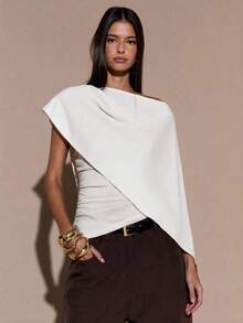 Blusa de punto con cuello anudado y hombro asimétrico, suéter elegante y ajustado, otoño/invierno - Blanco - Ver 6