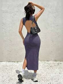 Vestido de rayas para mujer con abertura lateral y espalda descubierta - Multicolor - Ver 4