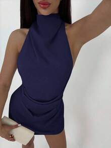 Vestido mini plisado de mujer con espalda abierta y atado - Azul marino - Ver 4