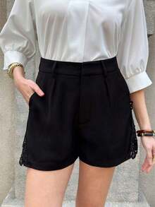 Shorts de Mujer a la Moda en Bloques de Color Blanco y Negro con Bolsillos, Estilo Old Money de Verano - Negro 6 - Ver 3
