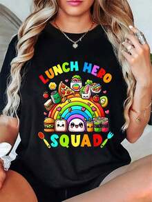 Camiseta de manga corta con cuello redondo para mujer y hombre, con estampado gráfico de la señora de la mensa escolar, el equipo de comida y el héroe del almuerzo arcoíris. - Negro - Ver 4