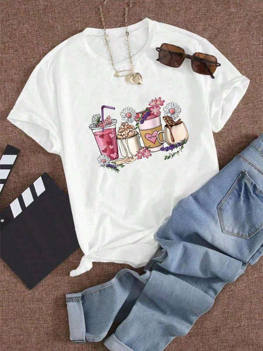 Camiseta suelta de moda para mujer estampada con una variedad de bebidas y estampados de crisantemos, adecuada para el uso diario en el hogar, los deportes y el trabajoPure-Cotton - Blanco - Ver 1