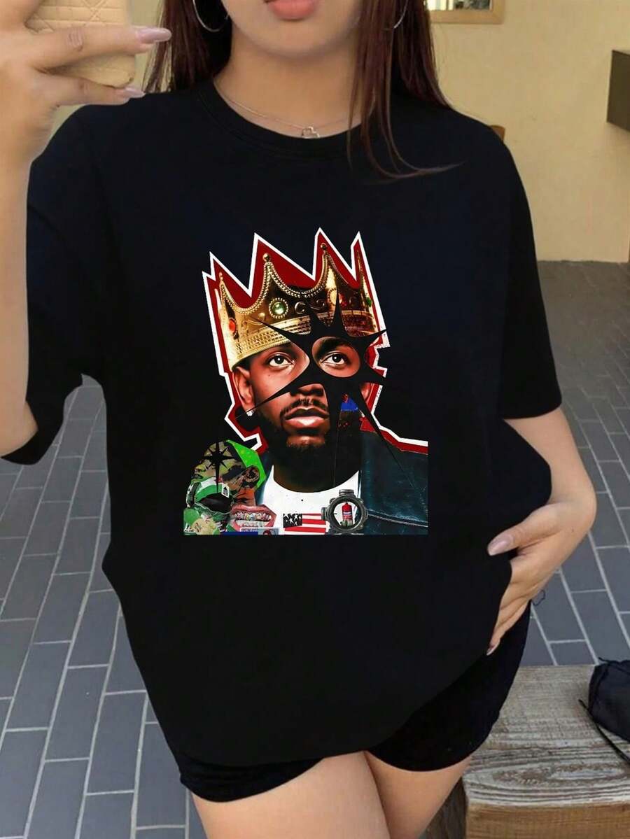 Women's Plus Size Hip Hop Graphic T-Shirt - White, Crew Neck, With Rapper Crown Print And Bold Design, Machine Washable, Streetwear For Concerts And Festivals - 黑色 - 查看 1