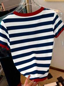 Camiseta de manga corta de verano con cuello redondo, estampado de cereza y rayas, de estilo casual para mujer - Multicolor 7 - Ver 2