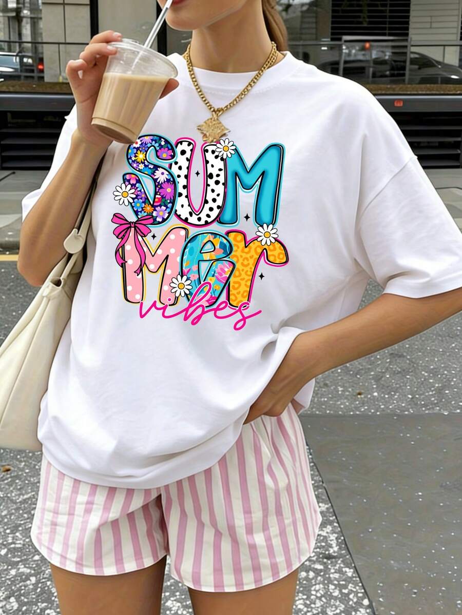 Women Pure Cotton T Shirt Summer Vibes Fun Print Graphic Tee Cute Summer Outfit Y2k Fashion Casual Wear For Beach Party And Daily Style High Quality Summer Clothing - 白色 - 查看 1