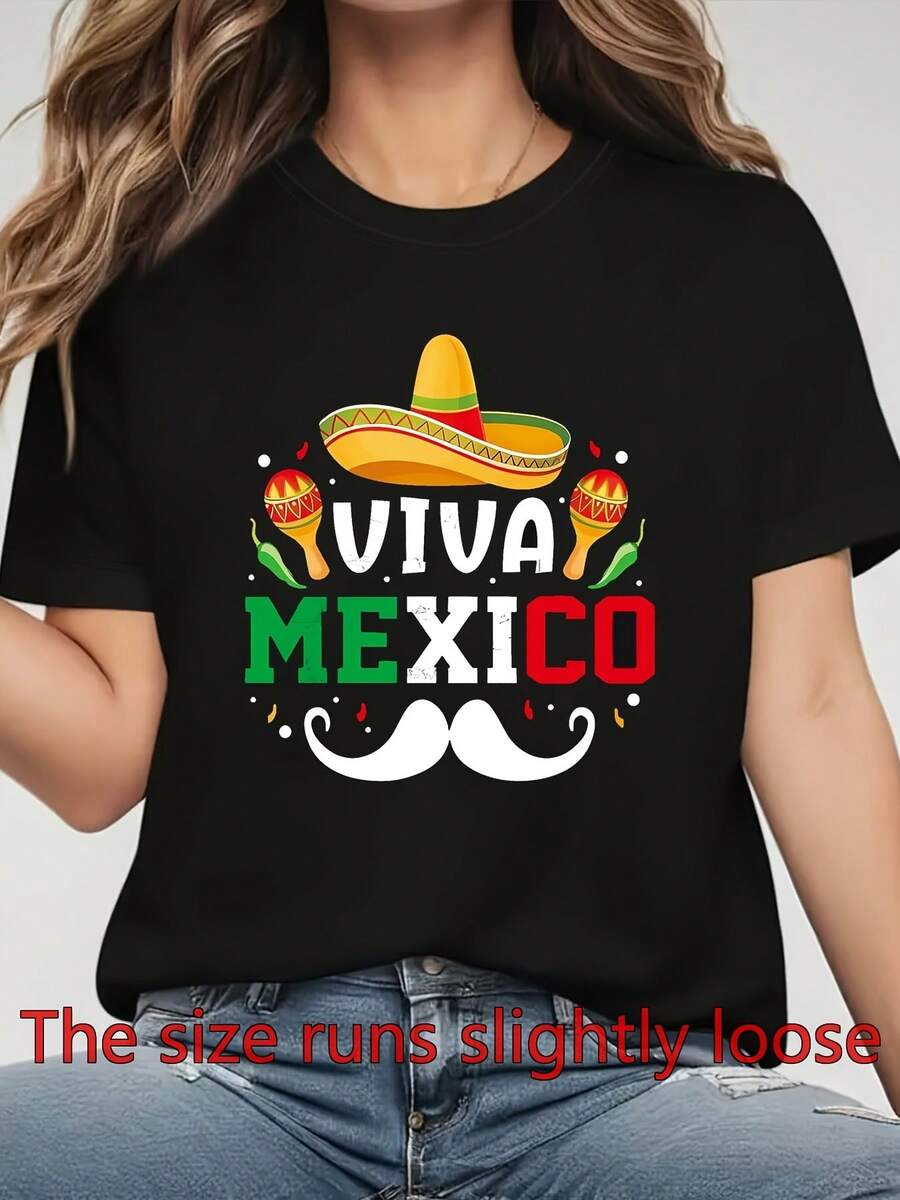 Camiseta de Fiesta Mexicana para Mujer - Camiseta con Gráfico VIVA MÉXICO, Sombrero y Chiles - Camiseta Negra con Detalles Rojos y Verdes - Top Ligero de Verano para el Día de Muertos, Cinco de Mayo, Camiseta Mexicana para Mujer - Negro - Ver 1