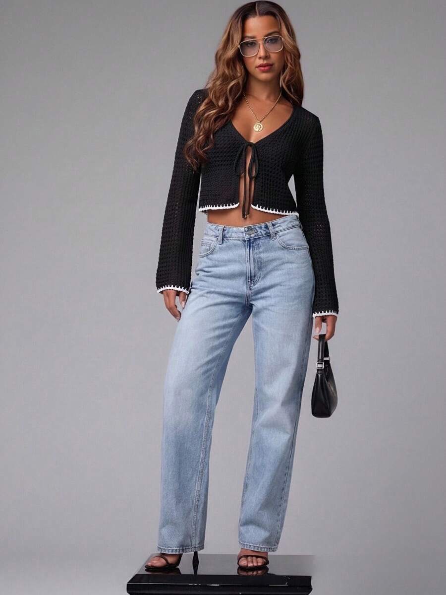 Women's Tie-Front Cropped Cardigan, Bohemian Style Long Sleeve V-Neck Knit Sweater, Suitable For Spring Fashion Daily Wear Black - Black - View 1