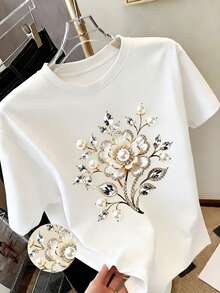 Women's Fashion T-Shirt 2026, Pearl Floral Print - Y2K Style, Elegant, Excellent Gift, Casual Round Neck Top - Lightweight, Comfortable, Ideal Choice For Spring/Summer Wardrobe. Breathable And Comfortable. - 白色 - 查看 7