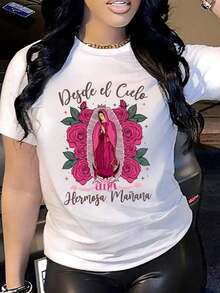 Conjunto para el Día de la Madre: Nueva Camiseta Cristiana Rosa 'From Heaven' para Mujer - Diseño de la Virgen María y Rosario, Corte Holgado, Manga Corta Casual, Cuello Redondo, Top con Estampado Religioso Cómodo para Todas las Temporadas, Lavable a Máquina, Tela Cómoda. - Blanco - Ver 7