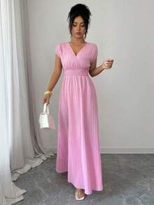 Vestido de mujer de longitud media, sin mangas, con cuello en V, de tela texturizada, cintura ceñida, elegante ropa de resort, primavera/verano - Rosa - Ver 6