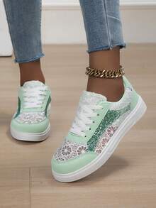 Summer New Lace Patchwork Breathable Comfortable Round Toe Lace-Up Fresh Mint Green Canvas Shoes, College Style Sneakers For Women - Mint Green - View 5