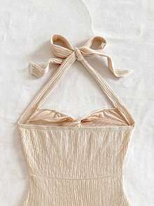AVestido mini sexy con espalda descubierta, corbata en el cuello, dobladillo fruncido y doble capa, adecuado para fiestas, citas, San Valentín - Albaricoque - Ver 6