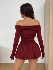 Vestido mini de manga larga de un hombro con volantes en el bajo para mujer, para primavera y otoño - Burdeos - Ver 2