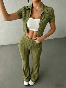KKONE Two-Piece Set: Plain Color Crop Top And Bell Leg Pants - Olive Green - View 3