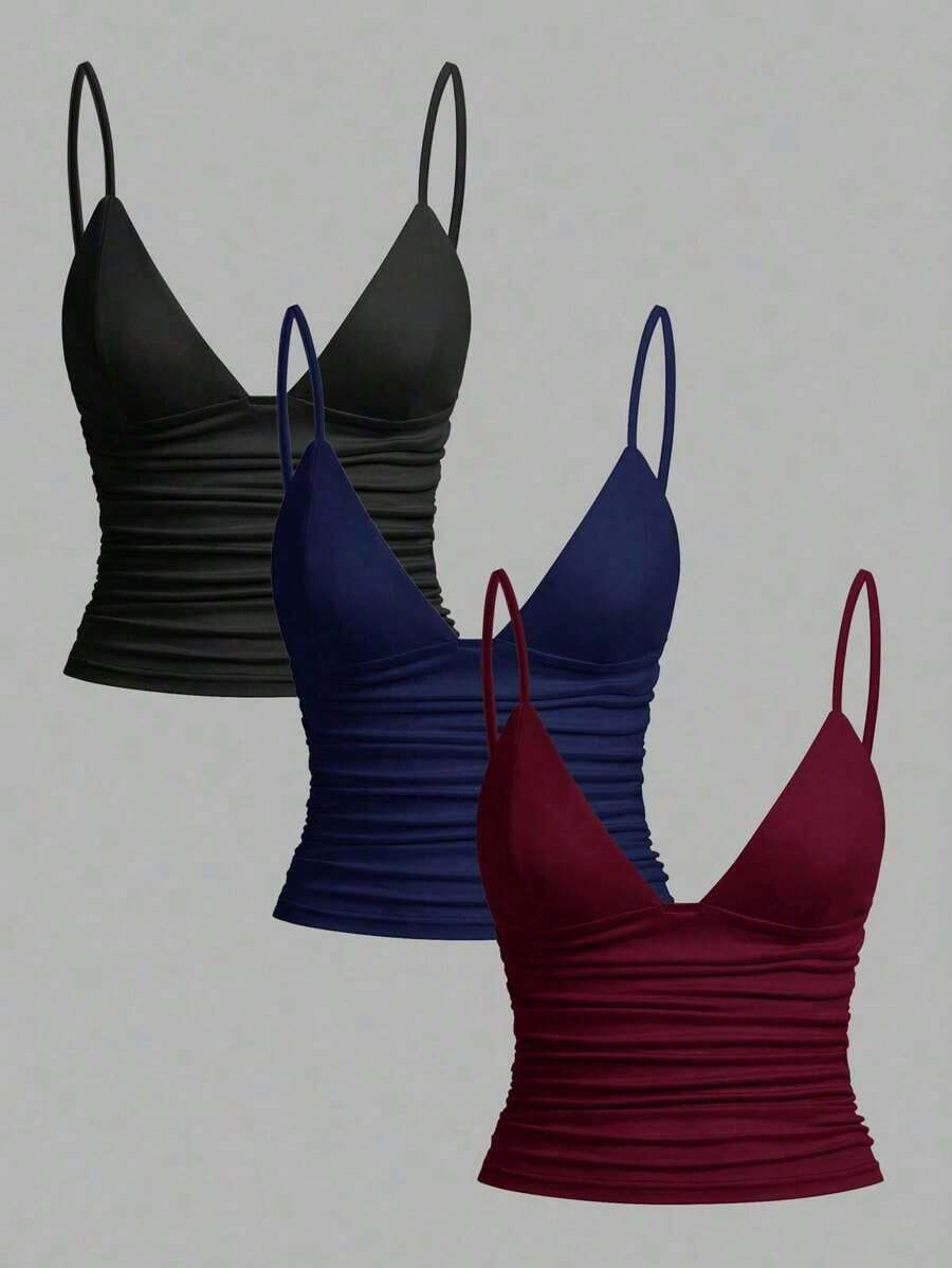3 piezas Camiseta ajustada con pliegues y sujetador incorporado para mujer, adecuada para el verano - Multicolor 2 - Ver 1