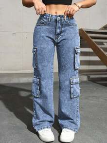 Jeans de mezclilla con bolsillo con solapa y cargo lateral, de estilo sencillo y elegante para uso diario y casual en primavera, color negro - Azul lavado medio - Ver 5
