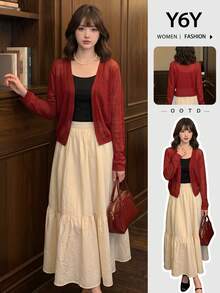Áo khoác cardigan dệt kim tay dài màu đỏ mới của Y6Y, kiểu dáng thường ngày. - Đỏ - Xem 9