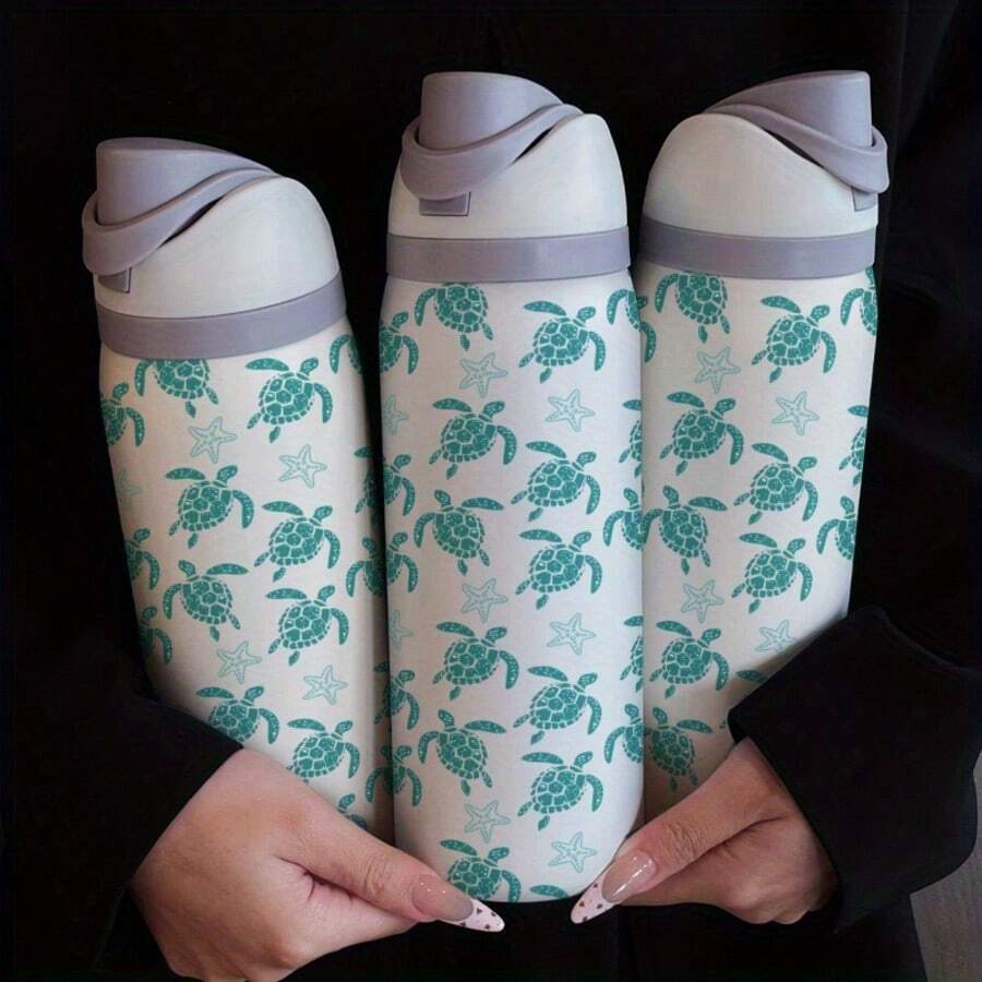 1 pieza Taza aislada de 32 oz con patrón creativo de estrella de mar y tortuga marina, taza de café portátil de mano, taza térmica/fría, taza aislada de acero inoxidable de gran capacidad, adecuada para oficina, hogar, coche, recomendaciones de regalo, café/té - Multicolor - Ver 1