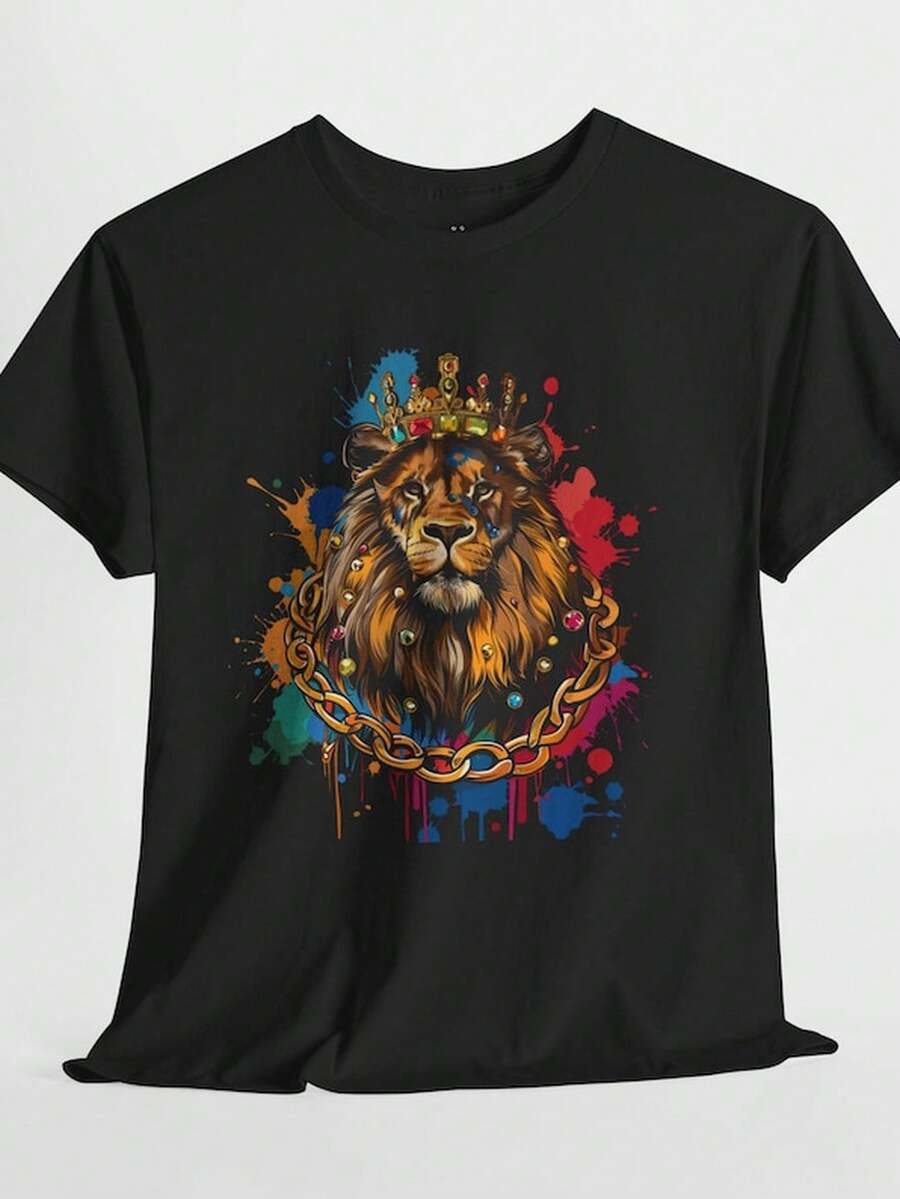 King Lion UniS1ex T1EE, Lion With Crown And Chain, Urban Streetwear S1Hirt, MA1Jestic Animal Top, Rule The Jungle T1S1Hirt. - 黑色 - 查看 1