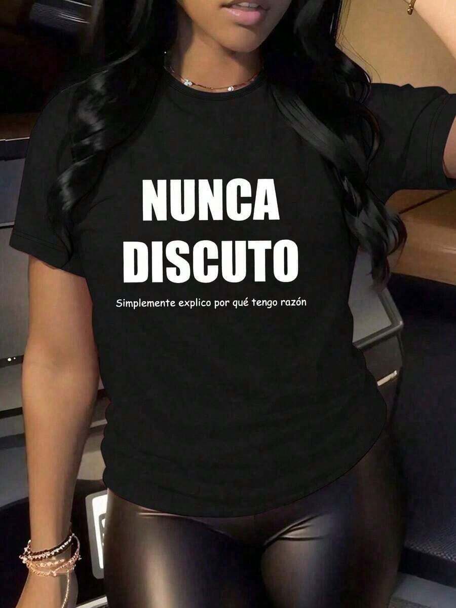 short-sleeveCamiseta gráfica con eslogan español de verano para mujer, top casual y cómodo para uso diarioCuello Redondo Algodón  Tejido Suave Manga Corta Transpirable y Fresca Unisexo100% Cotton - Negro - Ver 1