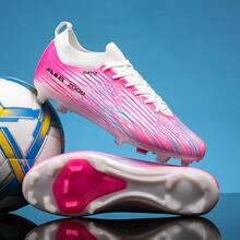 Tacos de fútbol profesionales de colores brillantes, estilo de cordones de caña baja, adecuados para partidos y entrenamientos en césped artificial/natural - Rosa - Ver 2