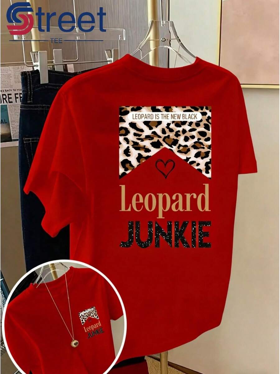 Women's Vintage Double-Sided Print T-Shirt, Casual Summer Style With Round Neck And Short Sleeves, Fashionable Printed T-Shirt, With Leopard Print "Leopard" With Hearts And Letters, Loose And Slimming Cut, Sweet And Fresh Outfit For Fashionable Girls. - 紅色 - 查看 1