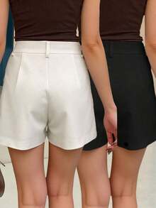 Pantalones cortos de pierna ancha con cremallera de unicolor, de moda casual, apropiados para el verano - Blanco y Negro 2 - Ver 2