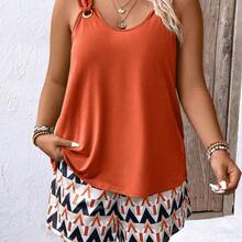 Plus Size Vacation Casual Solid Color Tank Top And Geometric Pattern Shorts 2 Pieces Set - Multicolor - Ver 2