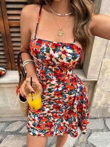Vestido casual de tirantes con nudo delantero y espalda descubierta con estampado floral diminuto para vacaciones - Multicolor - Ver 3