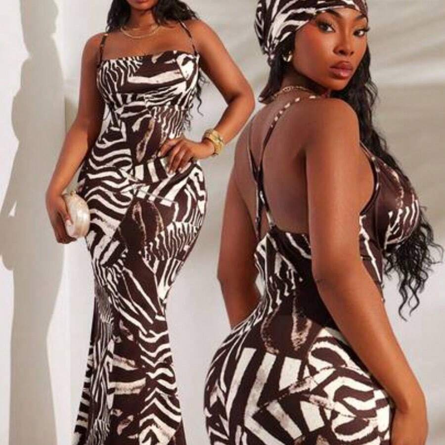 Floral Print Bodycon Slip Dress With Matching Scarf (Plus Size) Leopard Print Maxi Dress All-Over Print Maxi Dress Long Dress Date Night Dress Vacation Dress Sexy Dress, Suitable For Night, Date, Party, Ball, Club, Cocktail, Evening, Banquet, Concert, Island Resort, Beach, Holiday - Multicolor - Ver 1