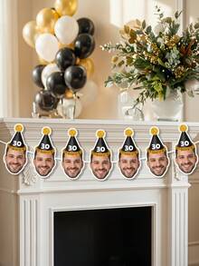 7/14/21pcs Custom Party Hat Birthday Photo Paper Banner, Personalized Face Cutout Garland, Black & Gold Party Hat Banner, Personalized 30th, 40th, 50th, 60th Birthday Gift For Him, Party Decor, Birthday Decorations, Milestone Celebration - Multicolor - View 7