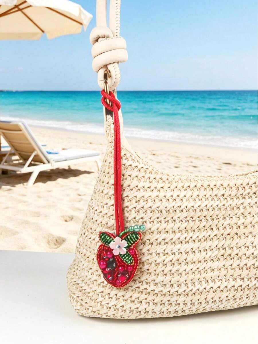 1 chiếc mặt dây chuyền hình trái cây thủ công kiểu Bohemian đính hạt, họa tiết dưa hấu, thanh long, dâu tây, cà tím, đính kim sa, làm từ da. - Đỏ - Xem 1