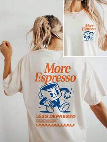 [Double-Sided Printed] Short-Sleeved T-Shirt With Dropped Shoulders And The Retro-Style Lettering "More Espresso LESS," Summer T-Shirt - White - View 7