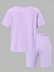 2er/Set Lässiges Outfit für Tween-Mädchen, süßes Bubble Tea Sechseck Dinosaurier Muster lockeres T-Shirt, kombiniert mit Capybara Biker Shorts, geeignet für den Sommer - Mauve - Übersicht 3