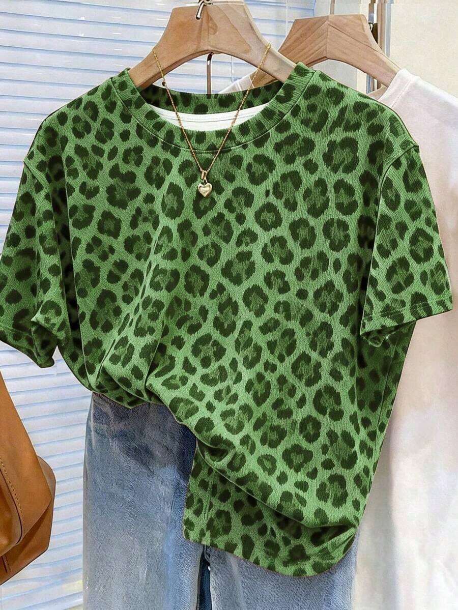 Camiseta casual de mujer de cuello redondo y manga corta con estampado digital de leopardo, regalo para amigos - Multicolor 6 - Ver 1