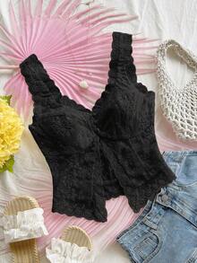 Top casual de mujer con bordado de ojales, adecuado para vacaciones, fiestas, té de la tarde, playa, citas, verano - Negro - Ver 7