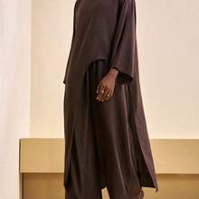 2026 Spring/Summer New Casual Commuting Loose Linen Material Brown Bat Sleeve Irregular Hem Blouse + High Waist Wide-Leg Pant Women Two Pieces Set, Suitable For Christmas, New Year, Daily Travel, Festivals, Shopping, Travel, Brunch Clothes, Airport Clothes, Party, Dates,Back To School-Z - Verde militar - Ver 2
