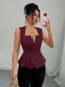 Blusa sin mangas con cuello plisado en forma de A para mujer, elegante y versátil, adecuada para ir al trabajo, vacaciones, citas, salidas, jardín, reuniones familiares, Día del Trabajo, días festivos, Día de la Independencia, vuelta al cole - Burdeos - Ver 1
