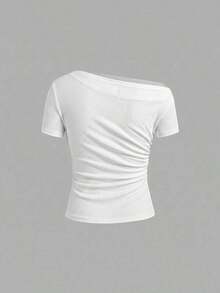 Camiseta de moda de manga corta con hombros oblicuos y ajustada de unicolor para mujer, verano - Multicolor 3 - Ver 5