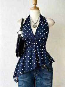 Blusa de verano con escote halter, fruncido y bajo asimétrico con estampado de lunares para mujer - Azul marino - Ver 1